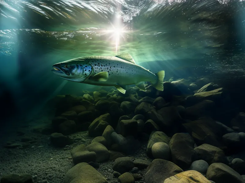 En fisk svømmer under vannet med sollys som skinner på den, og tilbyr en rolig utsikt.