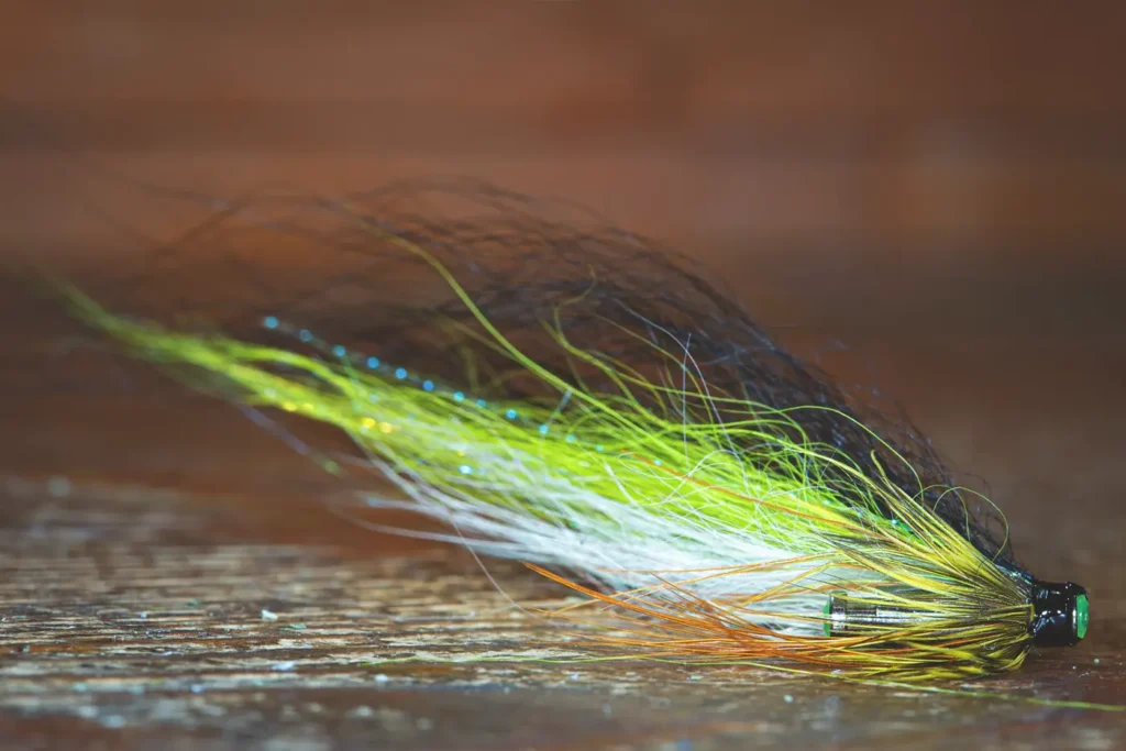 A classic fly gallantly flutters atop a wooden surface.