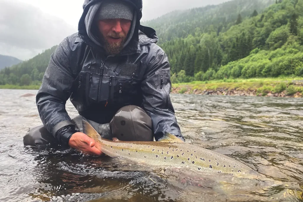 A man in a raincoat showcasing Gaula fishing tips while holding a brown trout in a river.