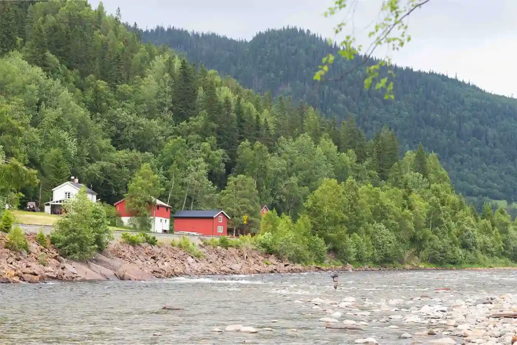A river with a red house and trees in the background.