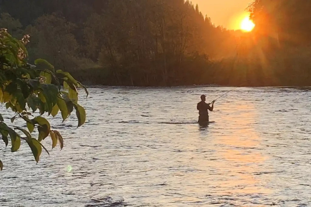 A man is fishing in a river at sunset.