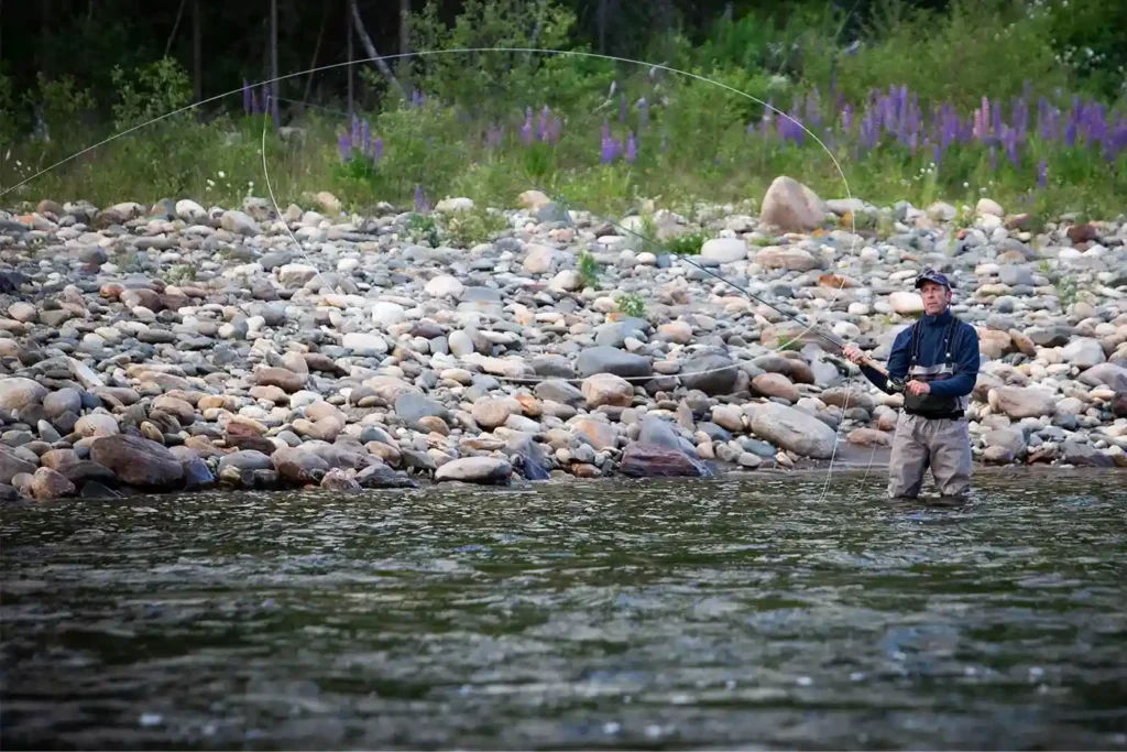 A man is fly fishing in a river with rocks and flowers.