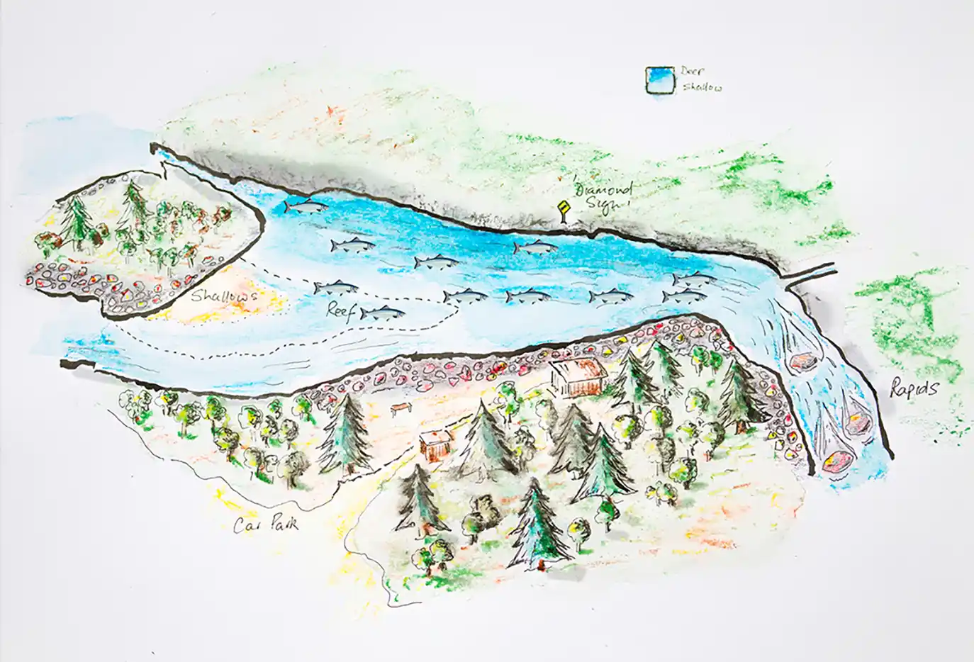 A map of a river with August fishing tips.
