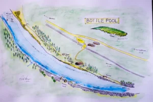 Artistic illustration of a concept called "bottle pool," featuring labeled elements such as a stream, roadway, and various types of foliage, inspired by "The Fight for the Soul of the Gaula