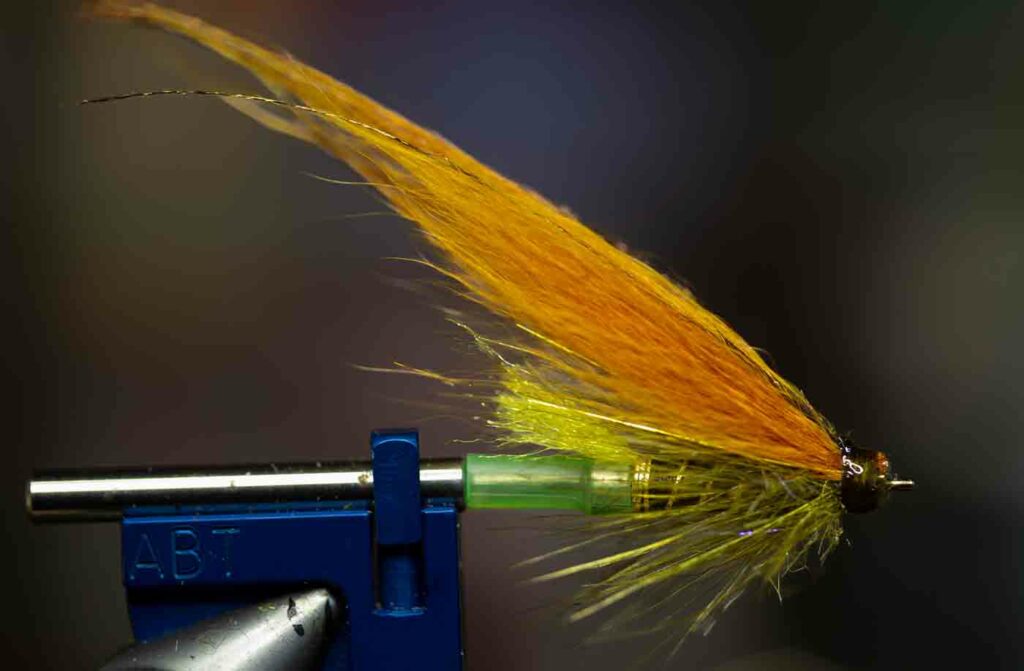 A close-up of a fly fishing lure with an orange and yellow feather tail, secured in a blue vise against a dark background.