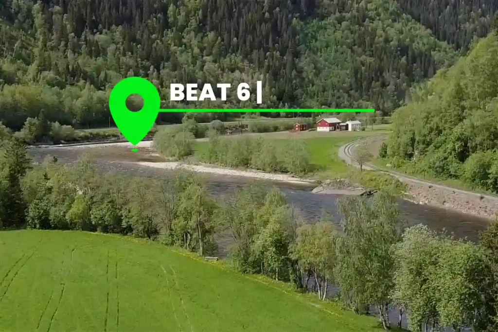 A green location pin labeled "BEAT 6" hovers over a riverside area with nearby trees, fields, and a road, set against a forested hillside.